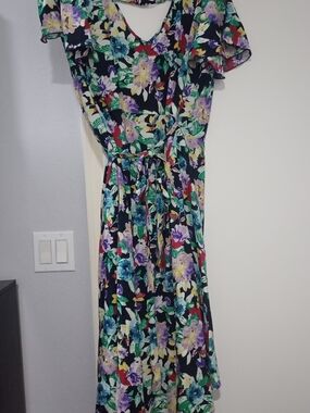 Band Of Gypsies Floral V-Neck Maxi Dress w/ Tie Waist, Tropical/Summer/Cottage L